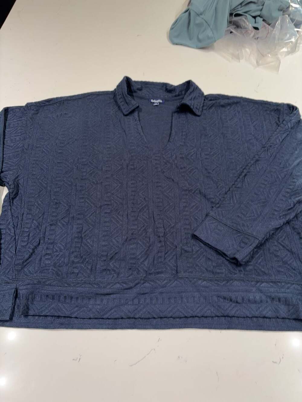 Splendid Women's Textured Knit Polo Sweater Navy Blue Size Large long sleeve